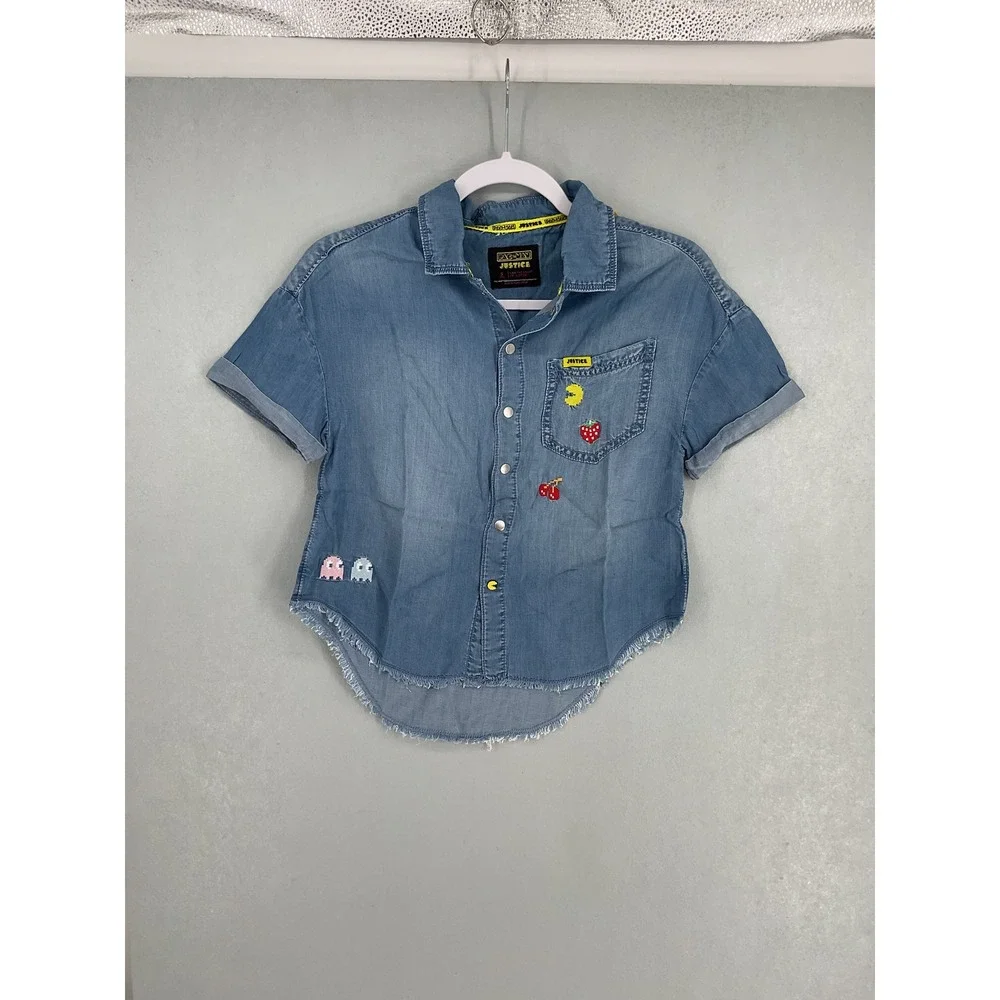 Justice Girls Denim Shirt Pac-Man Embroidery Raw Hem Blue S 7/8